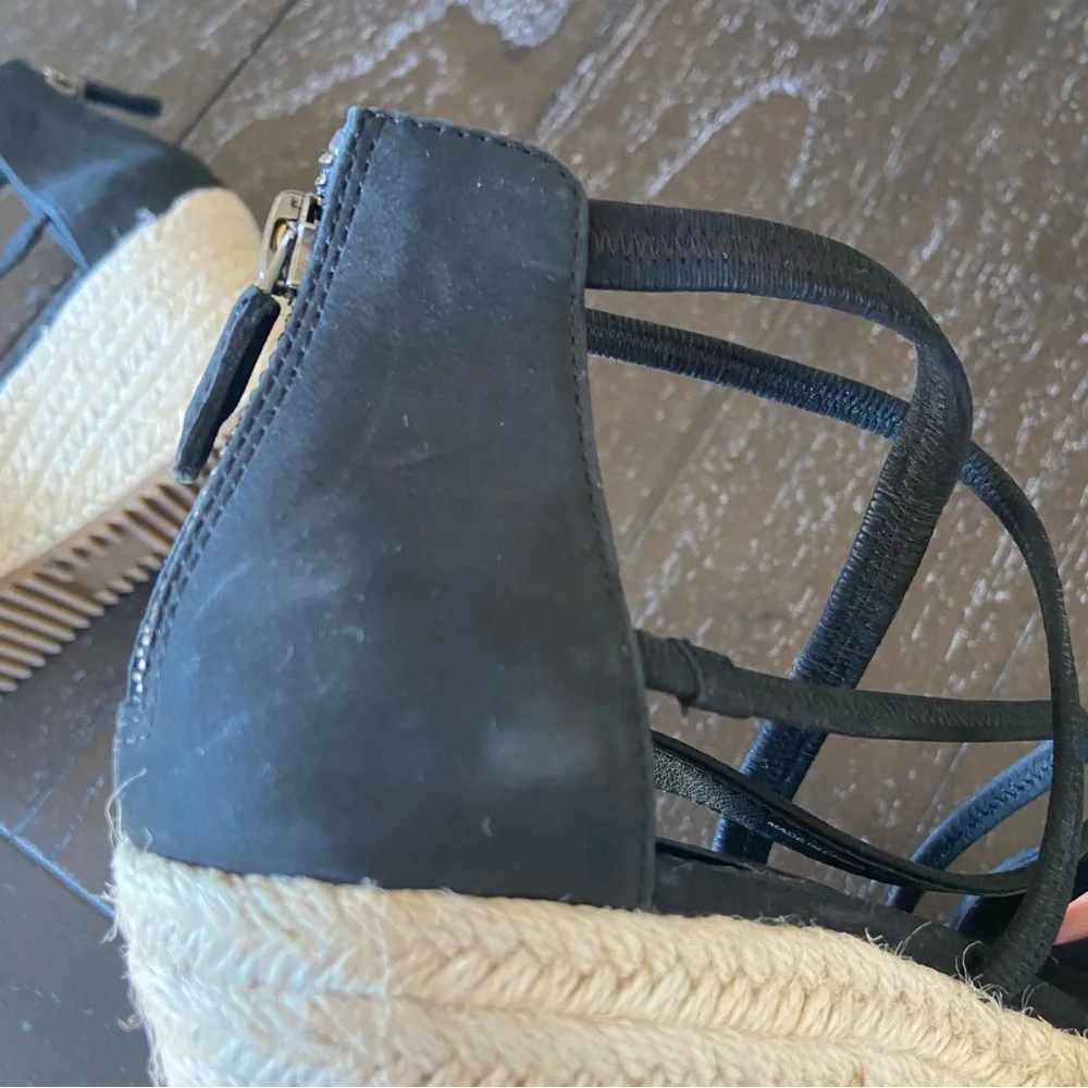 Eileen‎ Fisher Black Leather Strappy Espadrilles Sandals Wedges Size 6.5